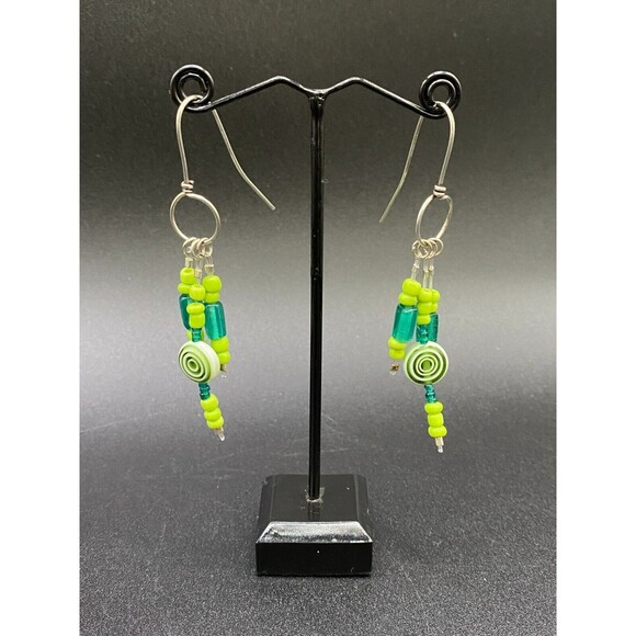 Concentric Circle Green Chandelier & Green Glass Bead Earrings by Neanie-Bot - Picture 2 of 2